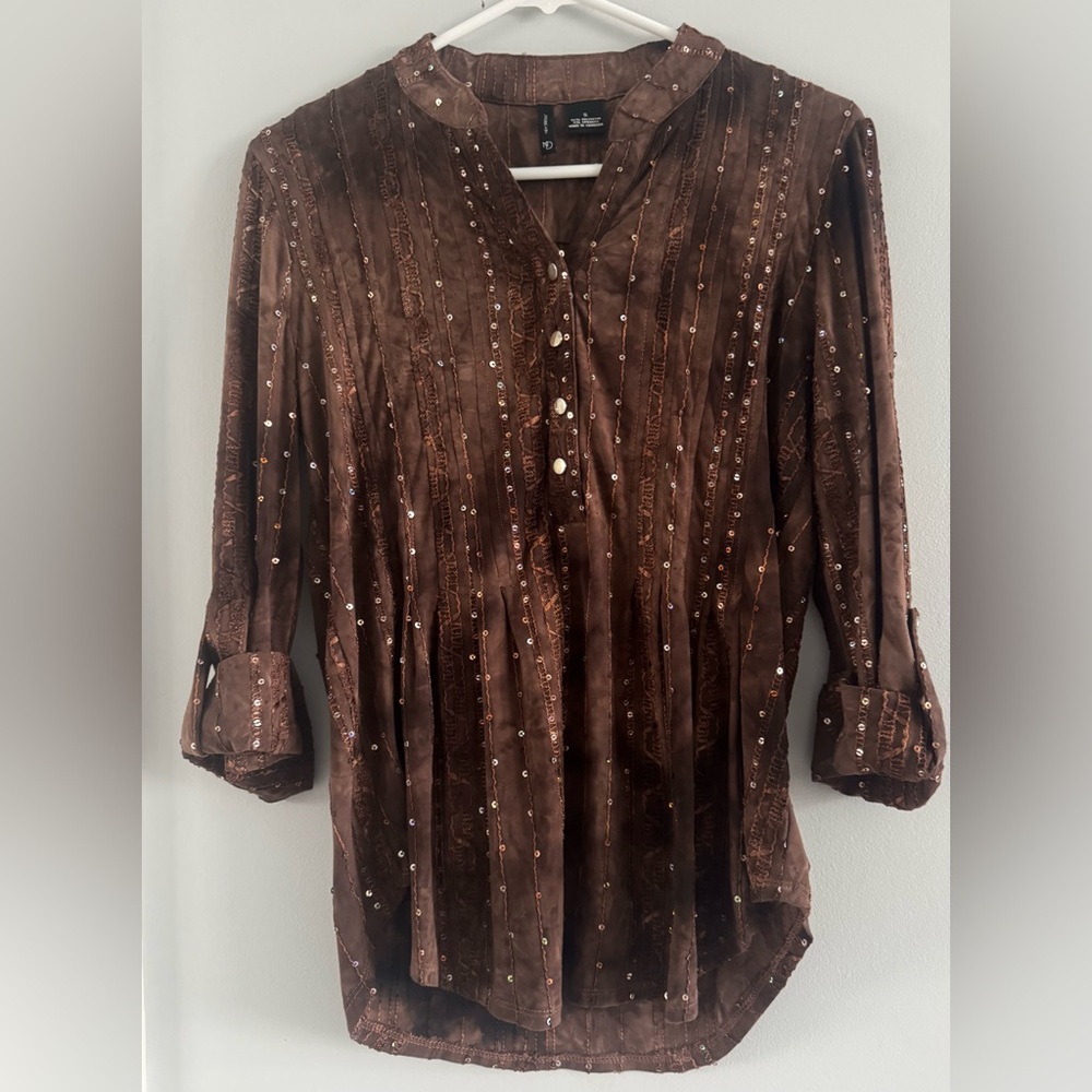 New Directions Small Brown Sequin Stripe Blouse Stretch 3/4 Sleeve